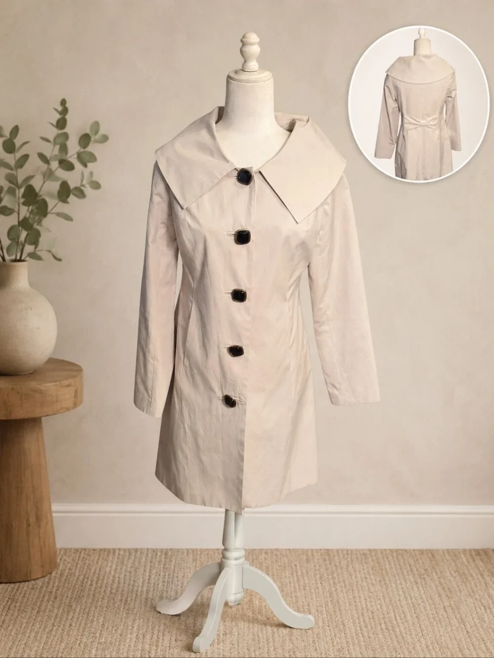 Trench Coat Cream Classic Designer Chic Bow Back Old Money Tailored Sz S
